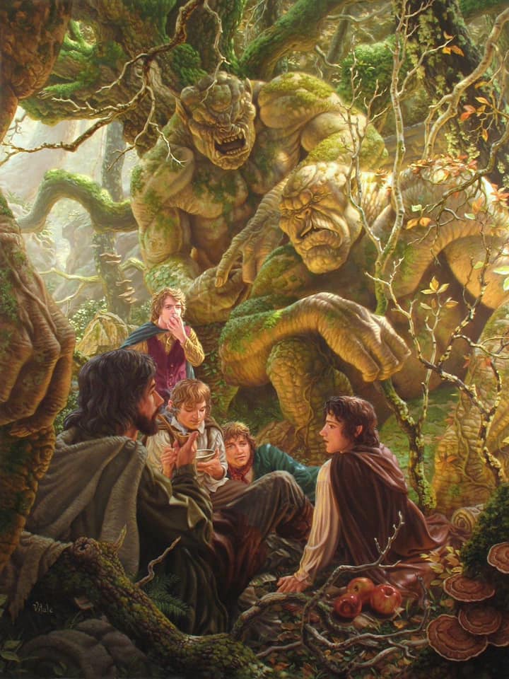 Aragorn y los hobbits descansan en el camino