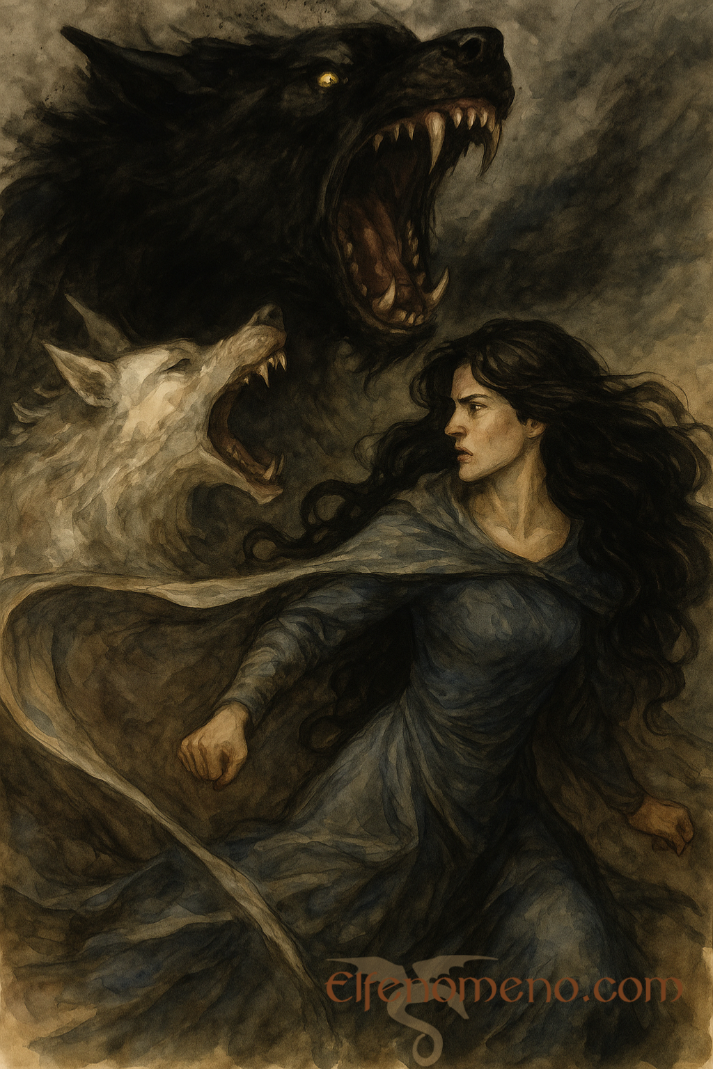 Lúthien y Huan se enfrentan a Sauron con forma de lobo
