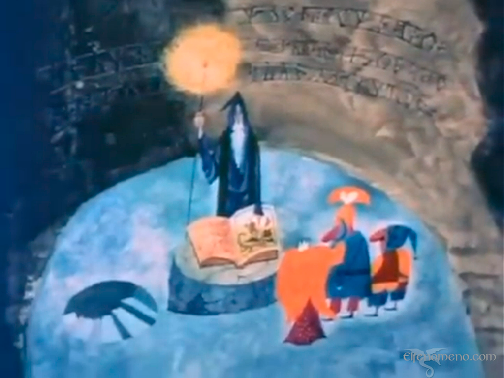 Gandalf lee el "gran libro", en la película The Hobbit (1967)