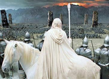 Gandalf sobre Sombragris observa la llegada de los Orcos