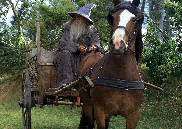 Gandalf en su carro, llegando a Hobbiton