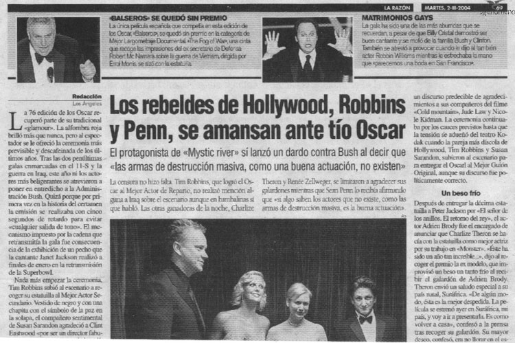 Los Oscars 2004 en la Prensa española: La Razón