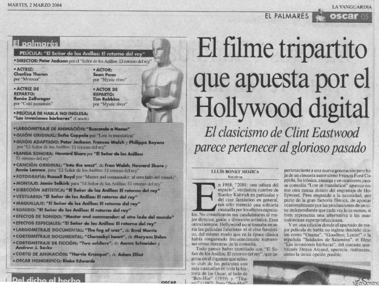 Los Oscars 2004 en la Prensa española: La Vanguardia